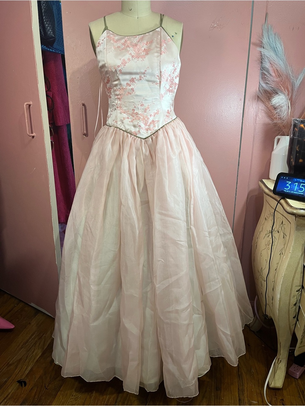 Glinda Costume Blush Pink Spaghetti-Strap Floral Ball Gown Dress